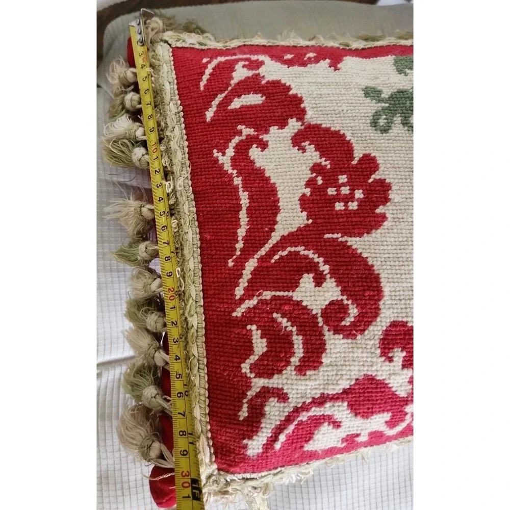 Beige Red Sage Green Tapestry Needlepoint Throw Pillow 12x12 Zipper Tassel Trim